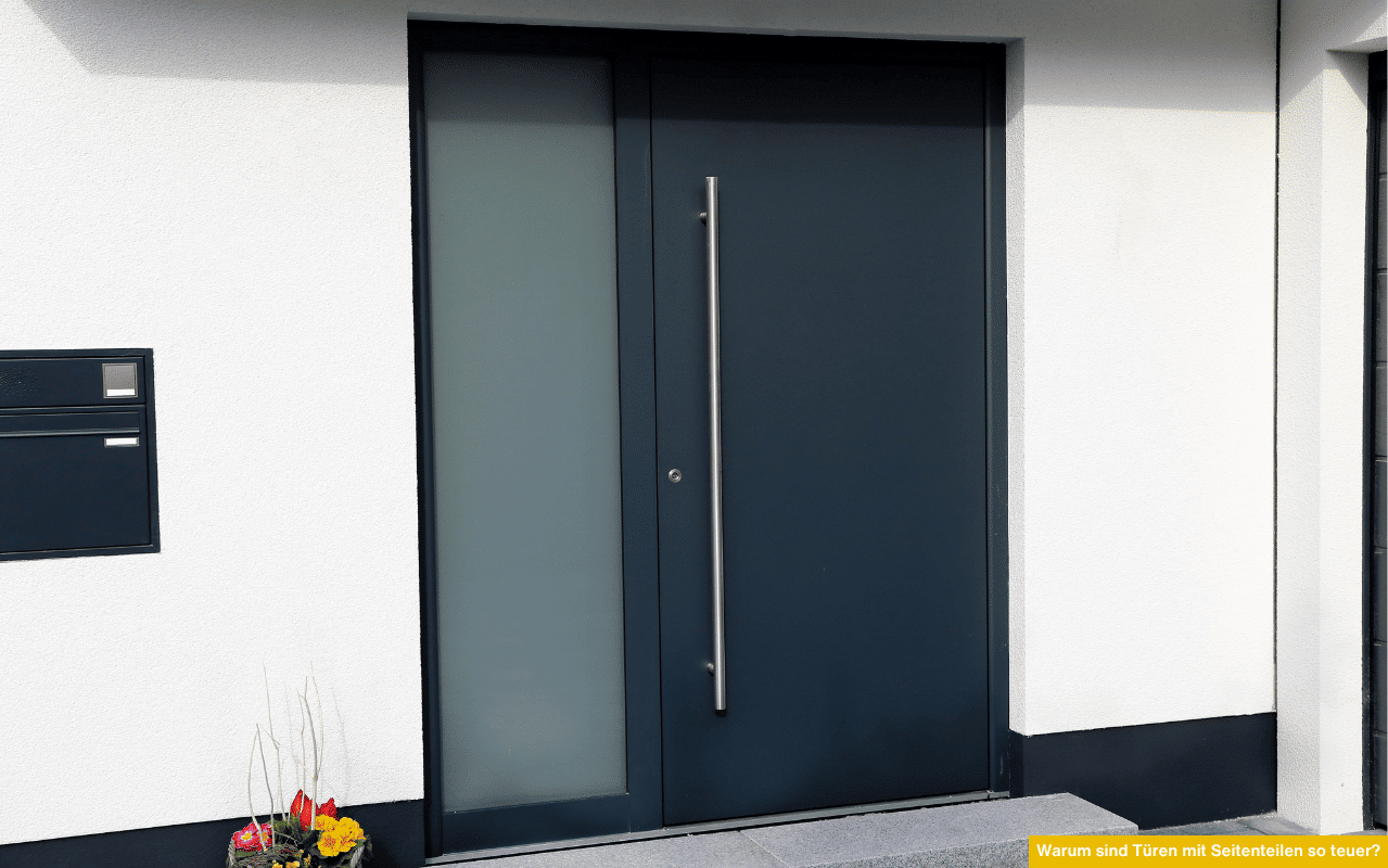 Warum sind Türen mit Seitenteilen so teuer? Moderne Haustür mit Glas-Seitenteil benötigt mehr Material, Sicherheitsglas und aufwendige Montage.