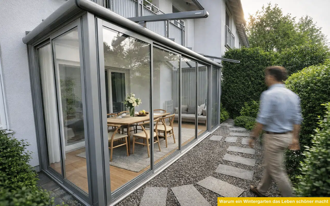 Moderner anthrazitfarbener Glas-Wintergarten mit Essplatz und Blick in den Garten, Person geht auf Steinpfad vorbei.