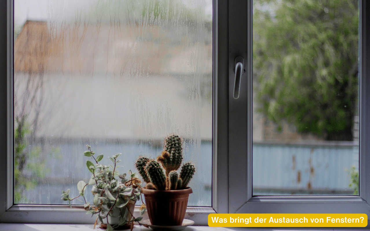Älteres Fenster mit stark beschlagener, von Kondenswasser bedeckter linker Scheibe.