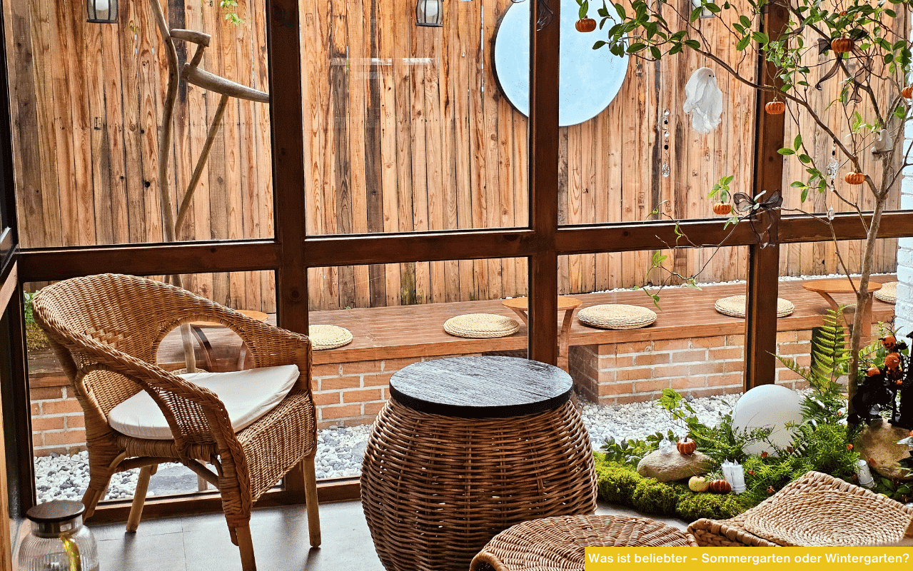 Was ist beliebter - Sommergarten oder Wintergarten zeigt gemütlichen Raum mit Rattanmöbeln und Holzverglasung mit Blick in Gartenbereich