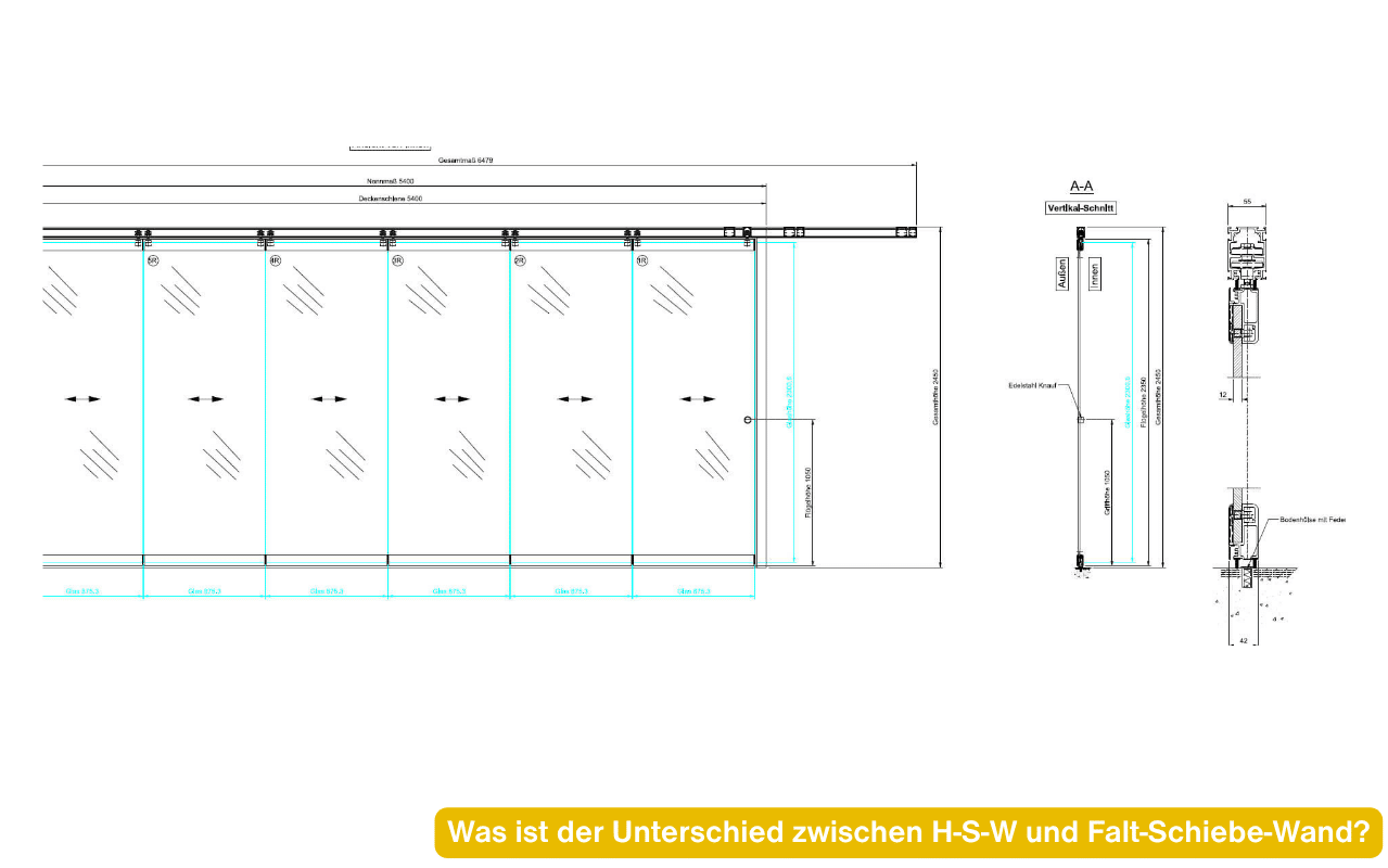 Was ist der Unterschied zwischen H-S-W und Falt-Schiebe-Wand? Skizze einer 6-teiligen Horizontal-Schiebe-Wand mit einzeln laufenden Flügeln