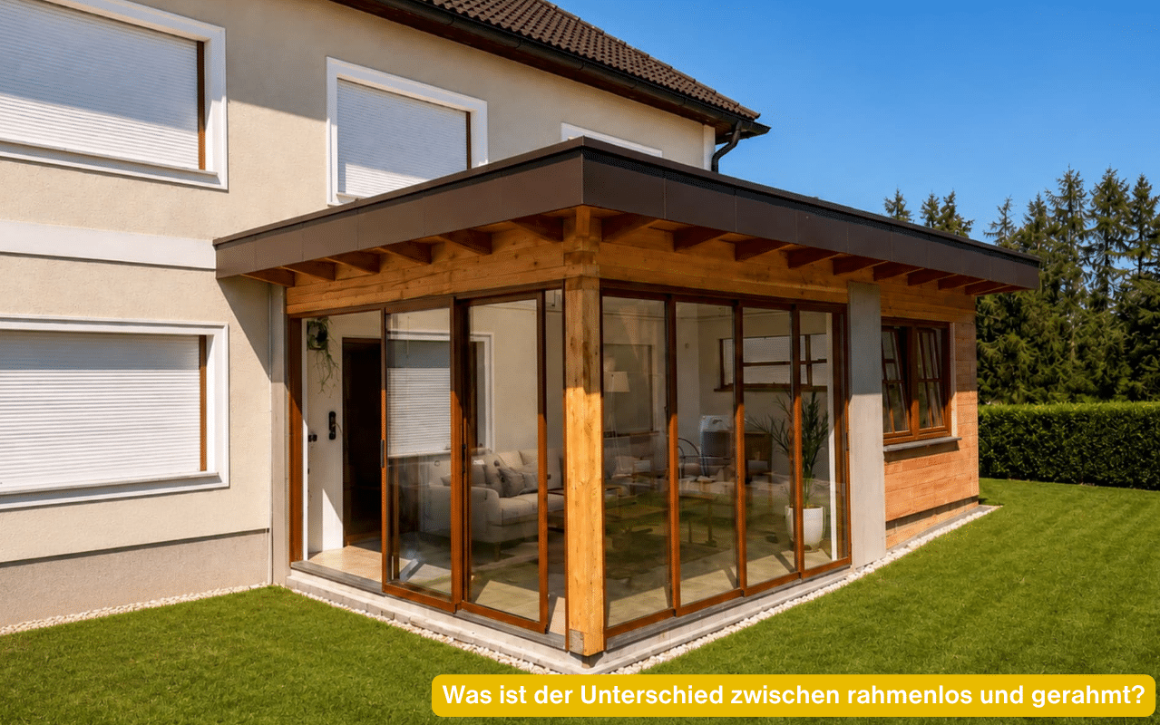 Was ist der Unterschied zwischen rahmenlos und gerahmt? Gerahmte Glasschiebeelemente mit Profilen in Holzoptik unter einer Holzkonstruktion