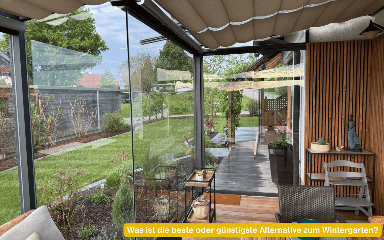 Was ist die beste oder günstigste Alternative zum Wintergarten? Sommergarten mit Glasschiebewänden und Stoffbeschattung