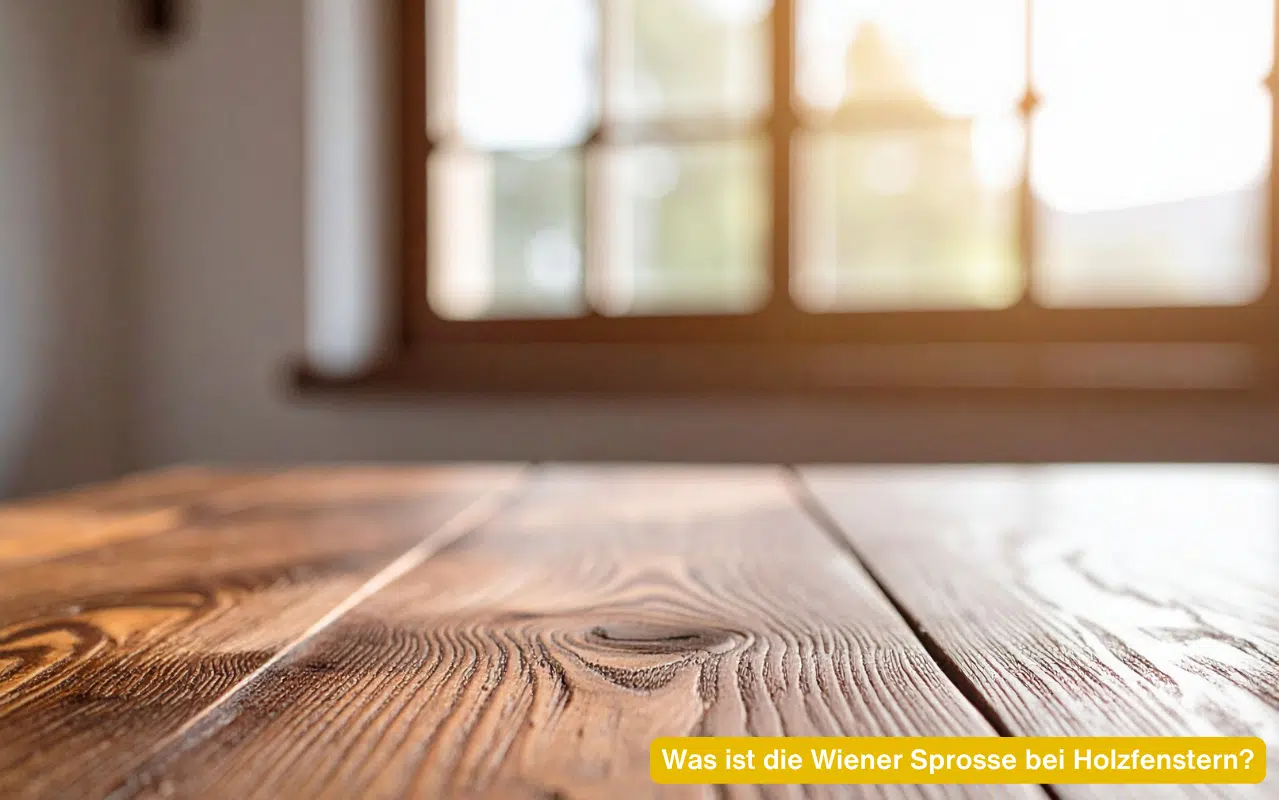 Nahaufnahme Holzoberfläche mit unscharfem Fenster: Was ist die Wiener Sprosse bei Holzfenstern? Traditionelles Design.