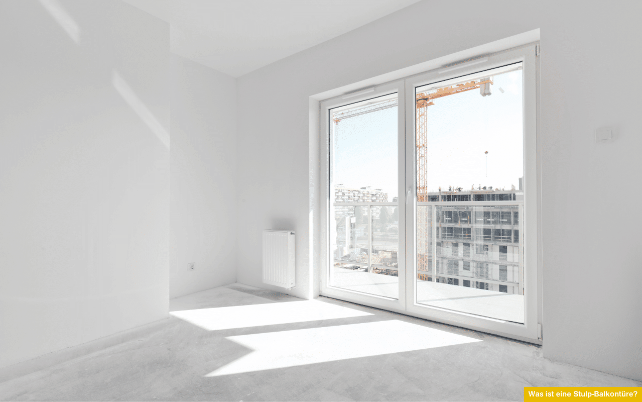 Was ist eine Stulp-Balkontüre in einem hellen Neubauzimmer mit weißem Boden und Blick auf Baustelle durch zweiflügelige Balkontür.