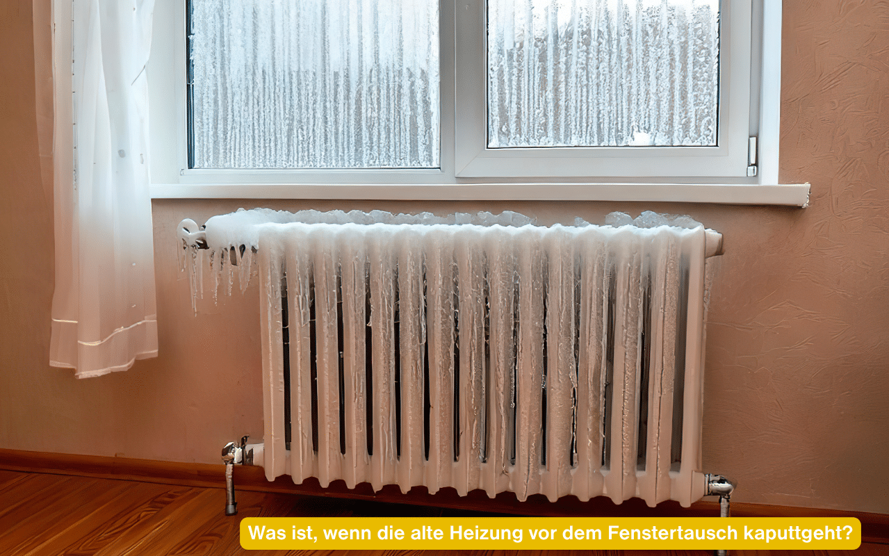 Was ist, wenn die alte Heizung vor dem Fenstertausch kaputtgeht? Vereister Heizkörper unter einem Fenster als Symbol für eine ausgefallene Heizung