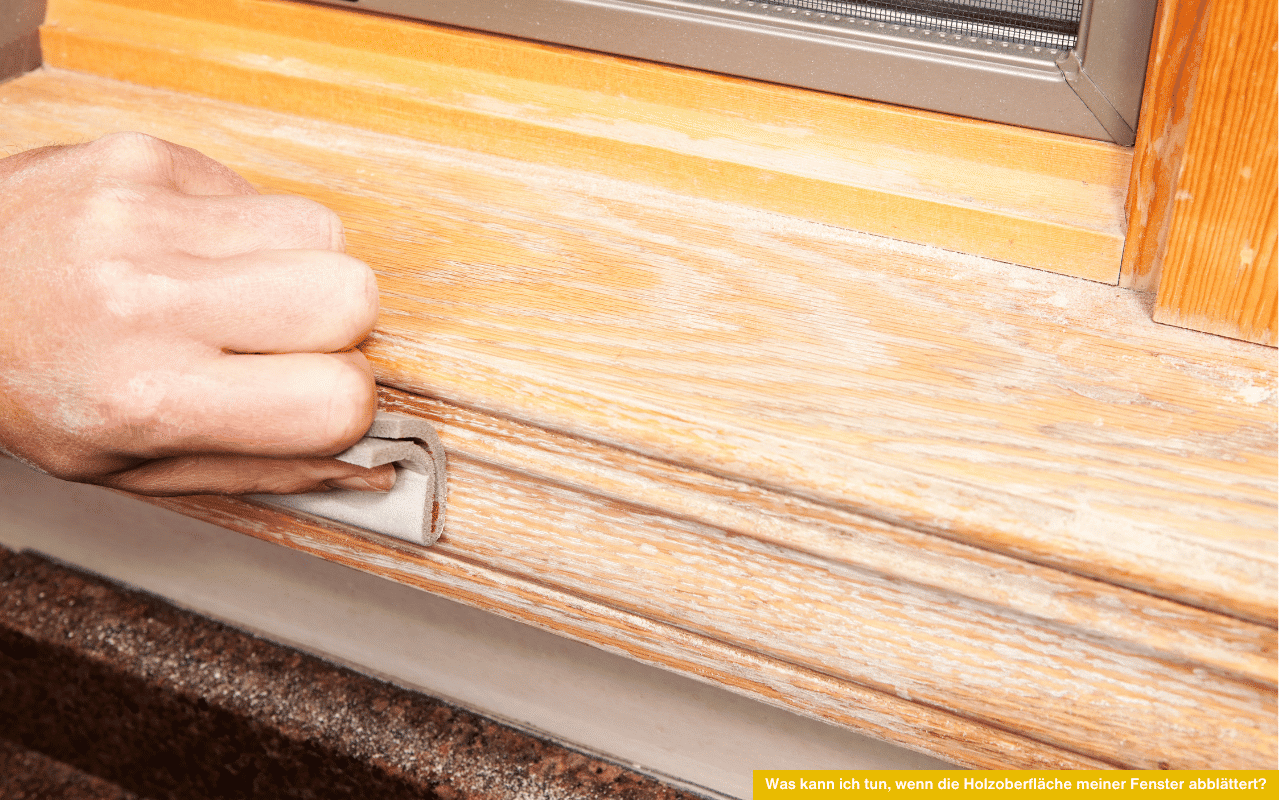 Was kann ich tun, wenn die Holzoberfläche meiner Fenster abblättert? Abschleifen eines Fensterrahmens zur Vorbereitung für neue Lackierung.