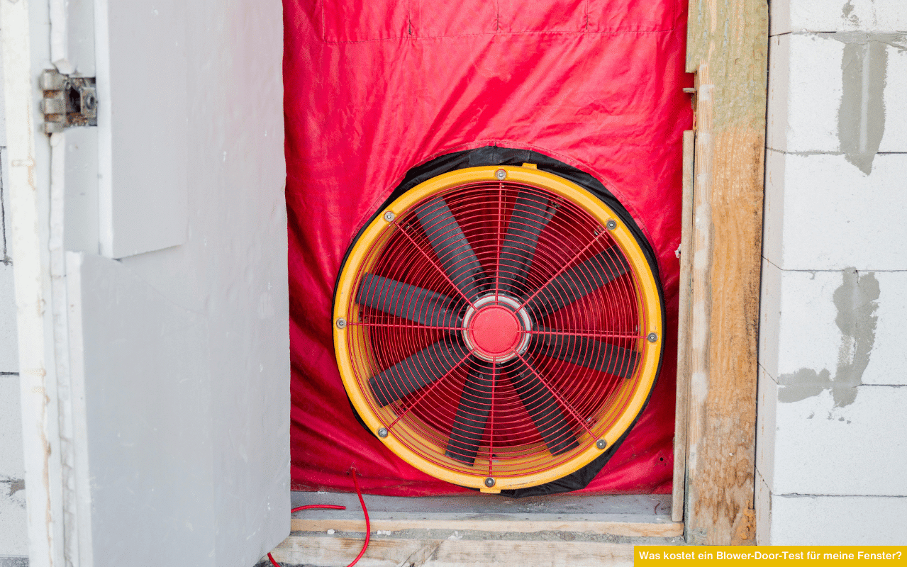 Nahaufnahme eines Blower-Door-Test-Gerätes mit Ventilator und roter Abdeckung in einer offenen Türöffnung eines Rohbaus.