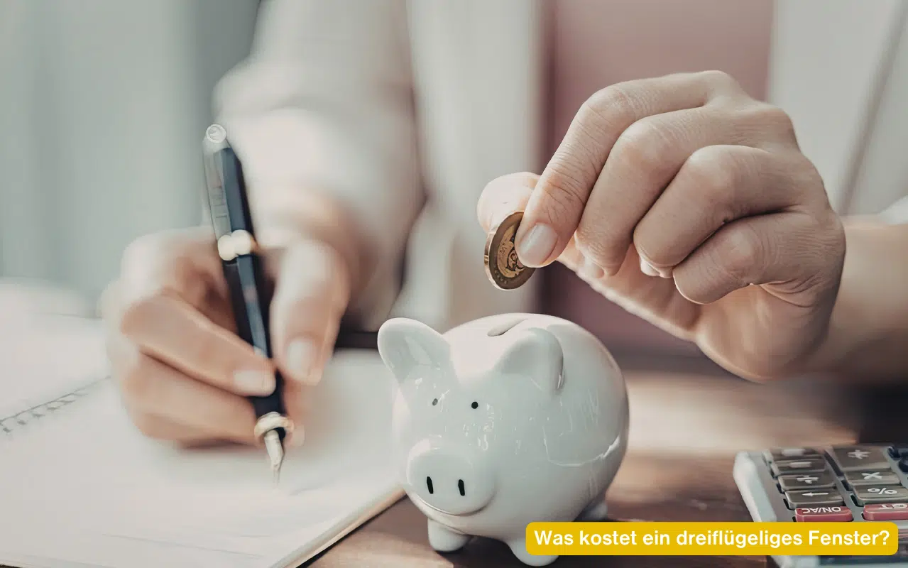Was kostet ein dreiflügeliges Fenster? Planung der Montagekosten mit Taschenrechner und Hausmodell auf dem Schreibtisch