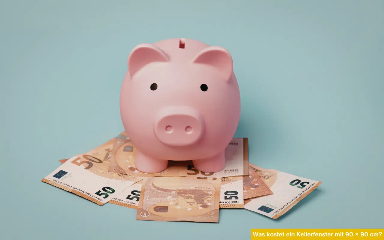Was kostet ein Kellerfenster mit 90 × 90 cm? Sparschwein auf Euroscheinen symbolisiert Investition in neue Kellerfenster.