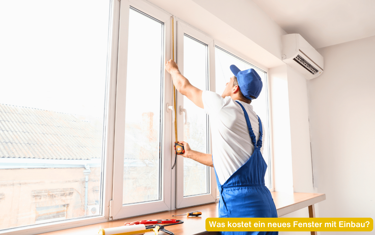 Was kostet ein neues Fenster mit Einbau - Monteur in blauer Arbeitskleidung nimmt Maß an einem weißen Kunststofffenster