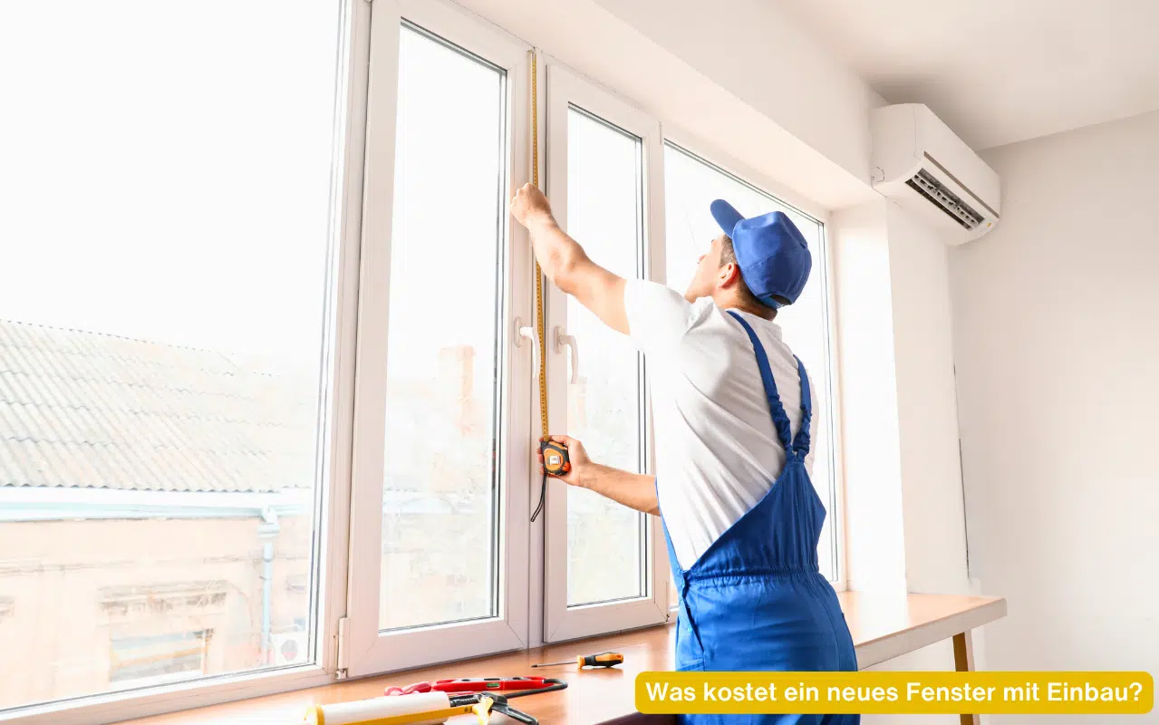 Was kostet ein neues Fenster mit Einbau – Monteur in blauer Arbeitskleidung nimmt Maß an einem weißen Kunststofffenster
