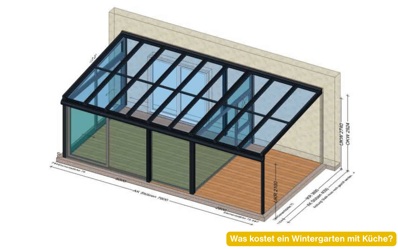 Was kostet ein Wintergarten mit Küche? Planskizze eines Wohnwintergartens mit Glasdach und verlängerter Überdachung
