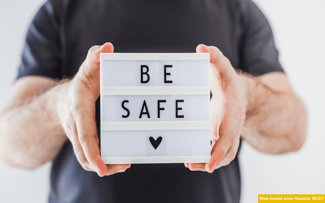 Was kostet eine Haustür RC6 Person hält ein Schild mit der Aufschrift Be Safe als Symbol für hohe Sicherheitsanforderungen