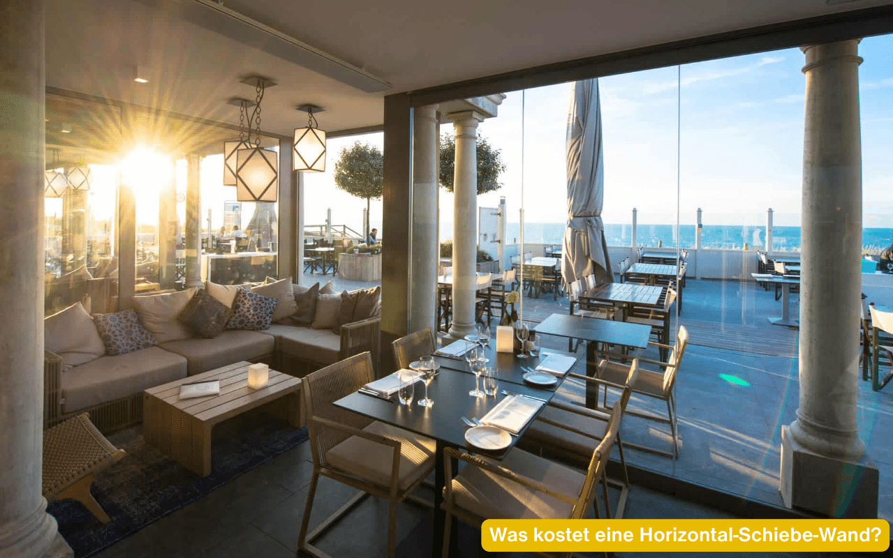 Was kostet eine Horizontal-Schiebe-Wand? Horizontal-Schiebe-Wand Sunflex SF 40 in einer Hotel-Lounge