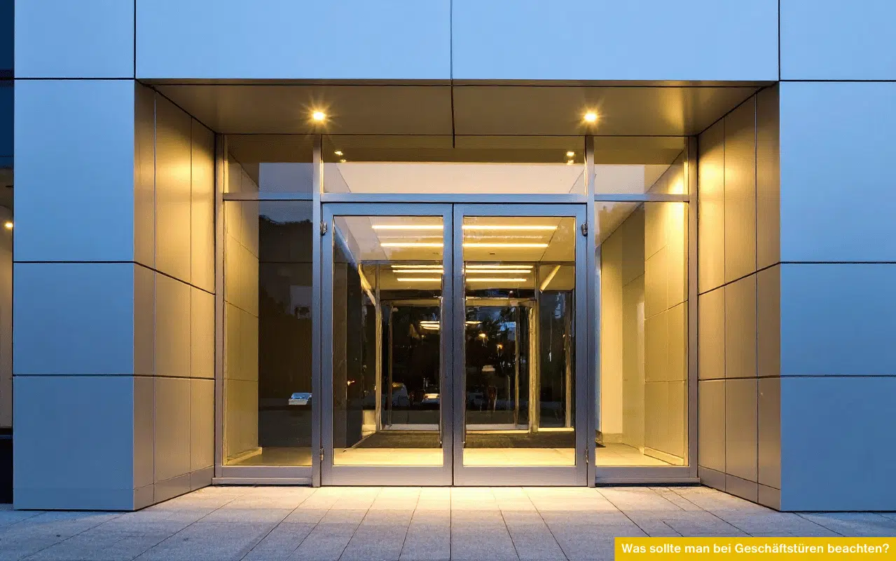 Was sollte man bei Geschäftstüren beachten? Moderner Eingangsbereich mit verglaster Doppeltür, Beleuchtung und Seitenfeldern.