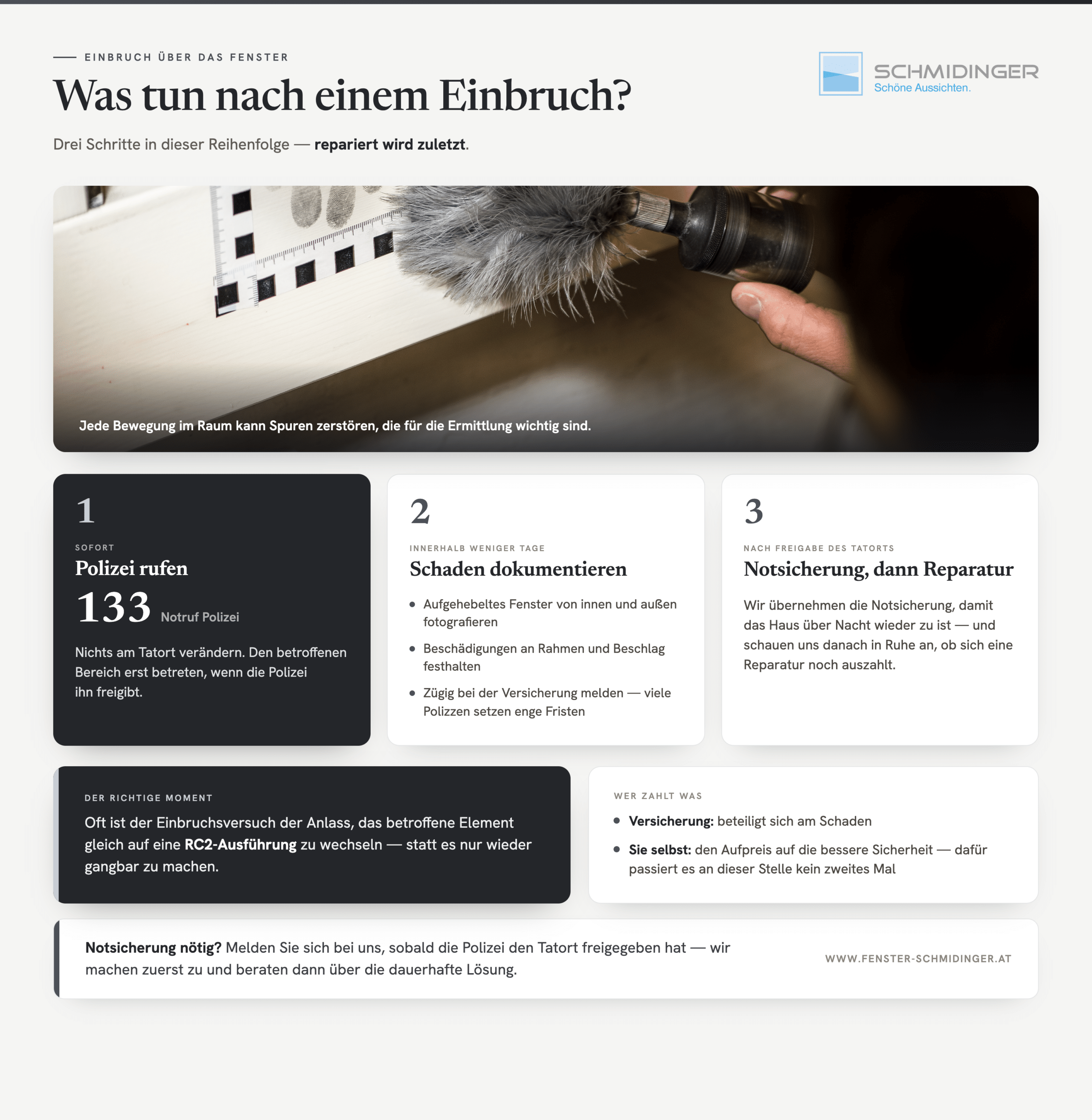 Was tun nach einem Einbruch über das Fenster? Spurensicherung mit Fingerabdruckpinsel.