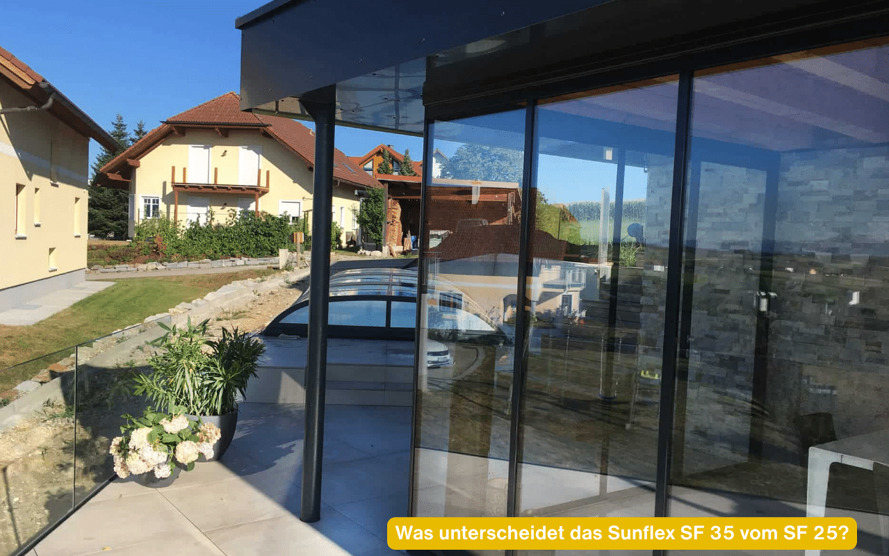 Was unterscheidet das Sunflex SF 35 vom SF 25? Gerahmte Schiebe-Dreh-Türen aus Aluminium an einem Poolhaus