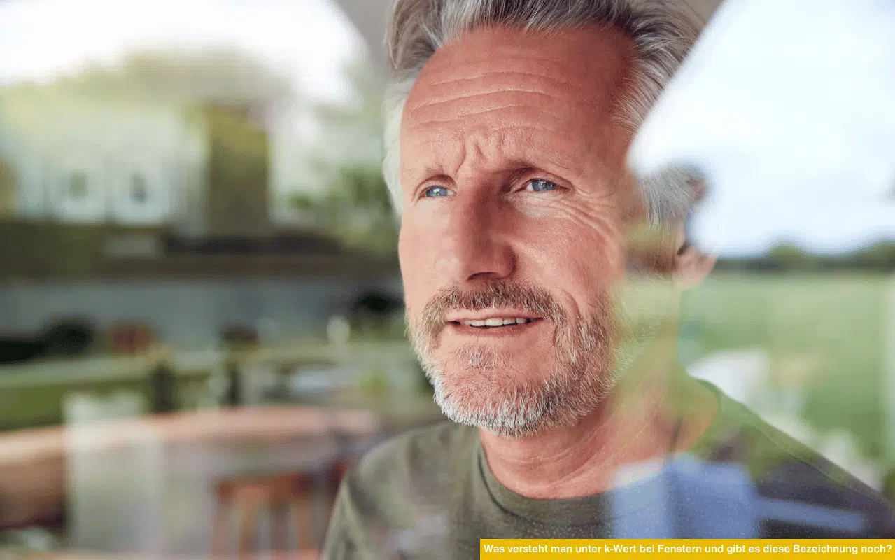 Was versteht man unter k-Wert bei Fenstern und gibt es diese Bezeichnung noch zeigt Mann hinter Fensterscheibe mit Blick nach draußen.