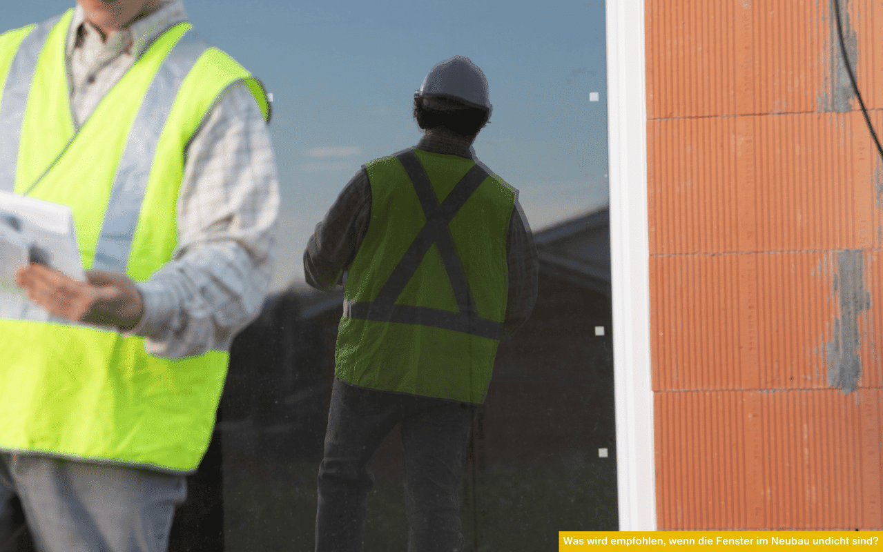 Was wird empfohlen, wenn Fenster im Neubau undicht sind? Bauarbeiter mit Warnweste prüfen Einbau und Abdichtung an Neubaufassade.
