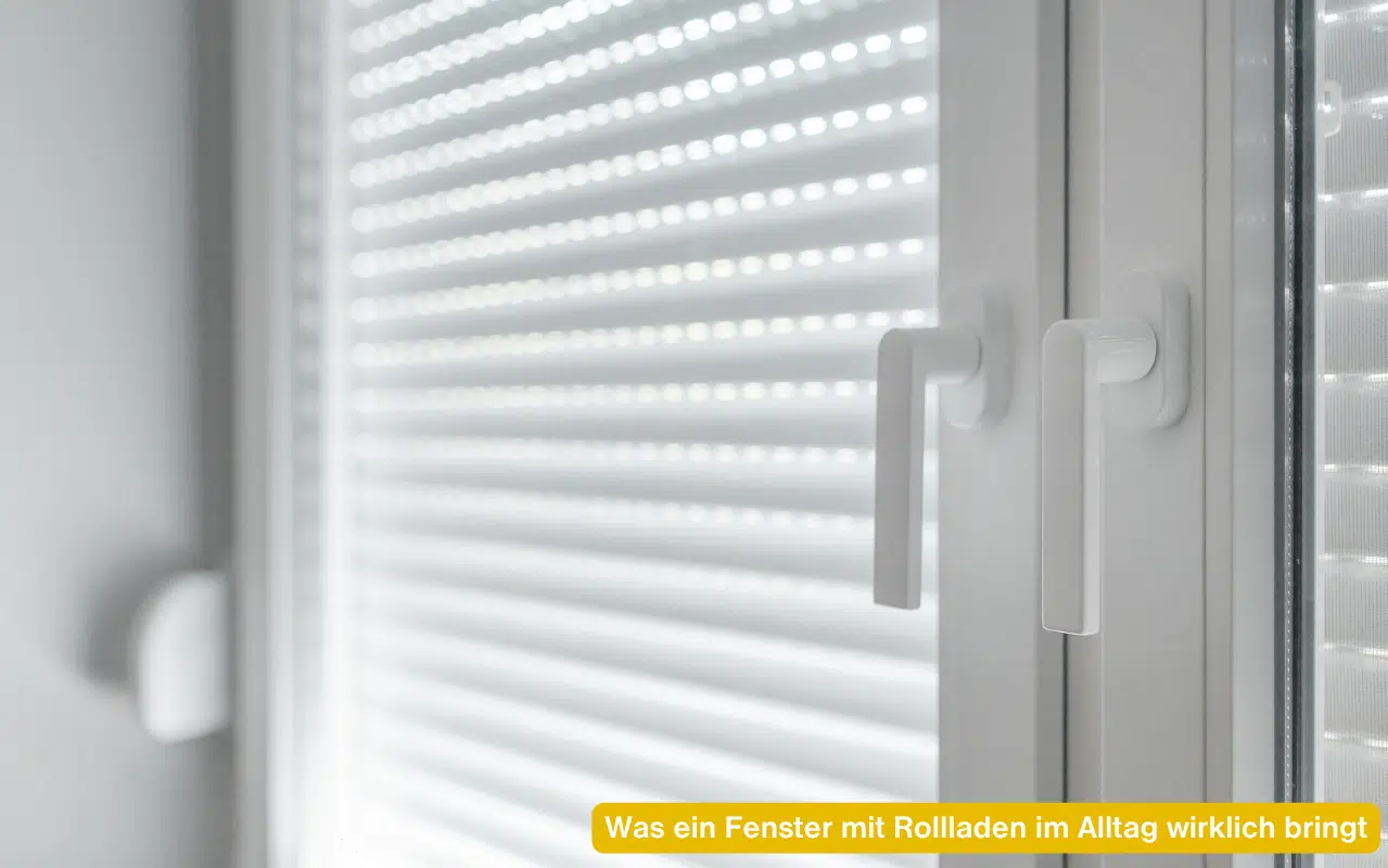 Weißes Fenster mit Griffen und heruntergefahrenem Panzer. Was ein Fenster mit Rollladen im Alltag wirklich bringt.