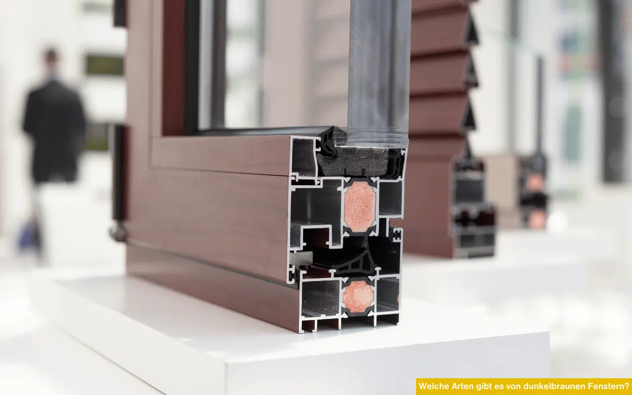 Welche Arten gibt es von dunkelbraunen Fenstern Querschnitt eines Fensterprofils mit brauner Oberfläche