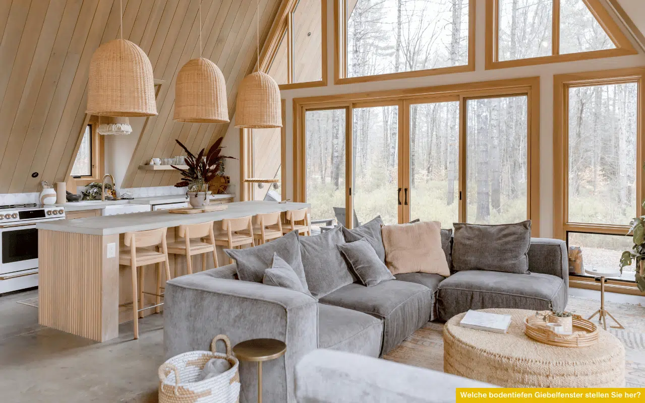 Modernes Wohnzimmer mit großen bodentiefen Giebelfenstern aus Holzrahmen, die viel Licht in den Raum lassen.