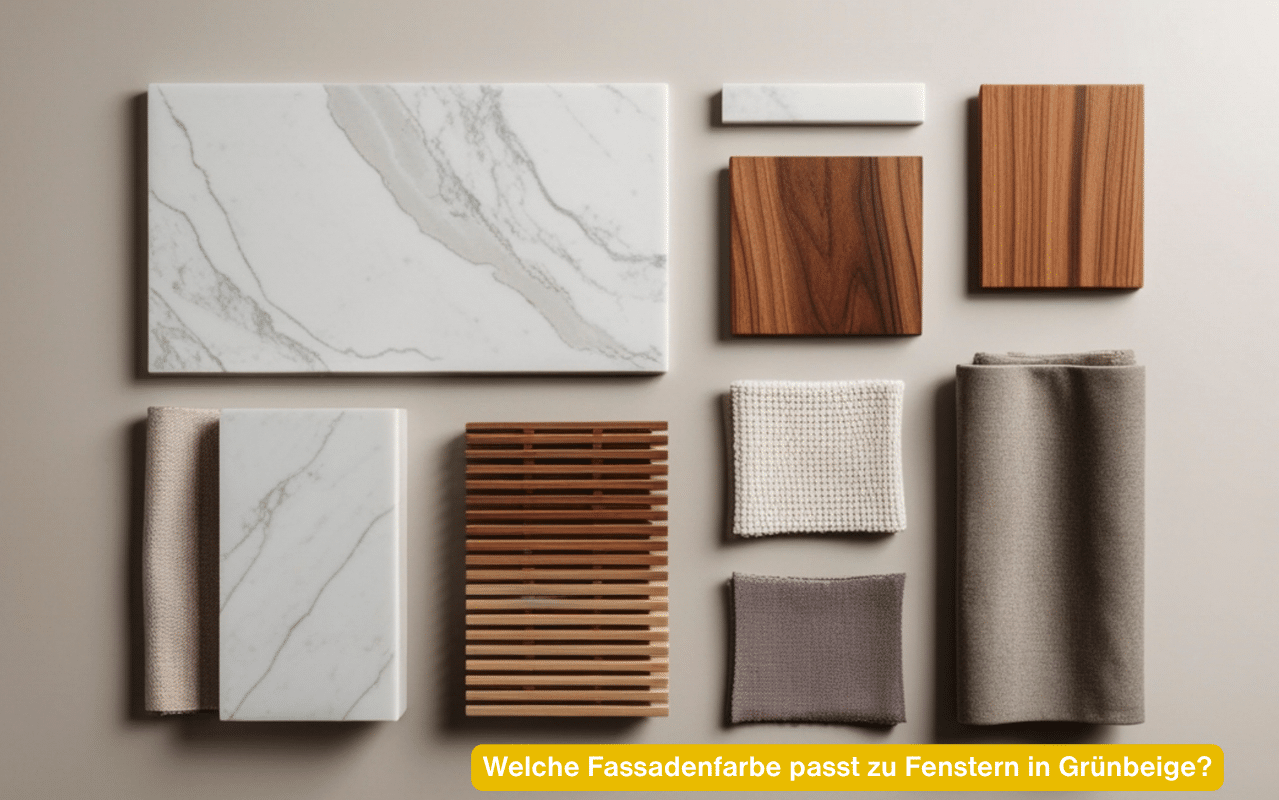 Welche Fassadenfarbe passt zu Fenstern in Grünbeige? Materialmuster mit hellem Stein, Holz und Textilien in Naturtönen