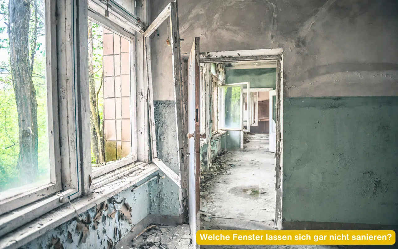 Welche Fenster lassen sich gar nicht sanieren – verfallene Holzfenster mit abblätternder Farbe in einem verlassenen Gebäude