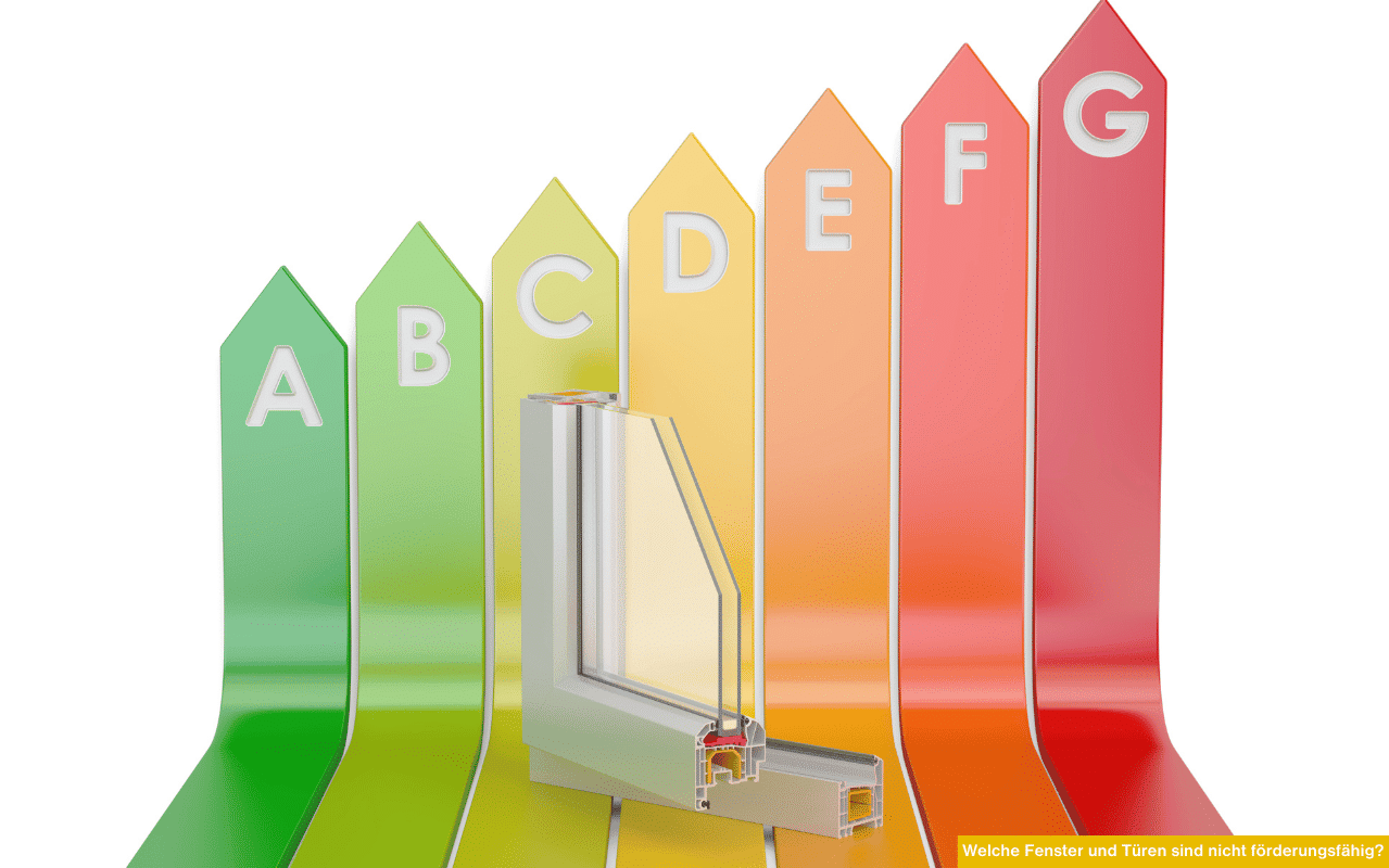 Das Bild zeigt ein Fensterprofil vor farbigen Balken der Energieeffizienzklassen A bis G. Es verdeutlicht, welche Fenster und Türen förderungsfähig sind und welche nicht.