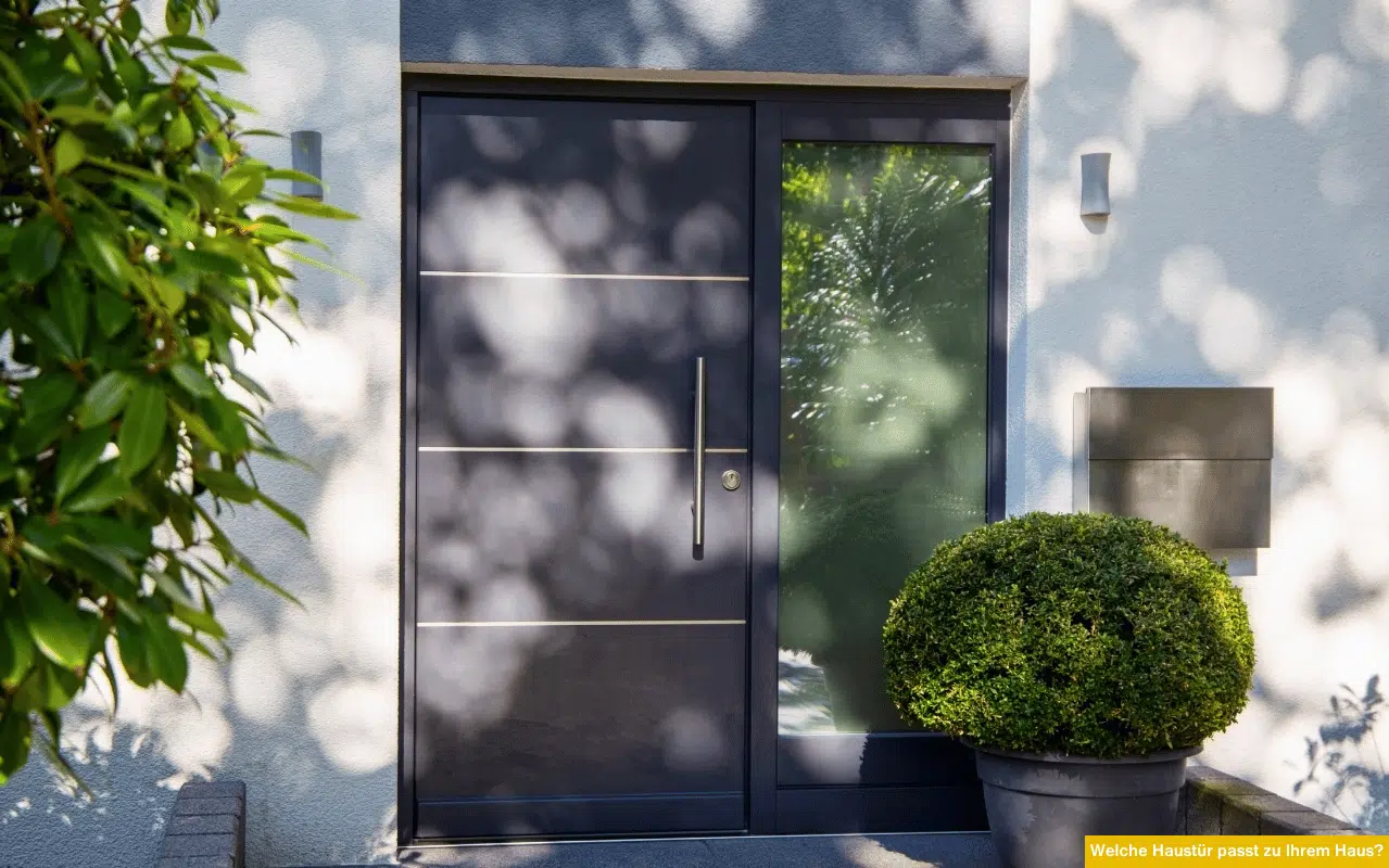 Eine stilvolle Eingangstür in Anthrazit mit Glas-Seitenteil, eingebaut in eine helle Fassade, daneben ein runder Buchsbaum im Topf.