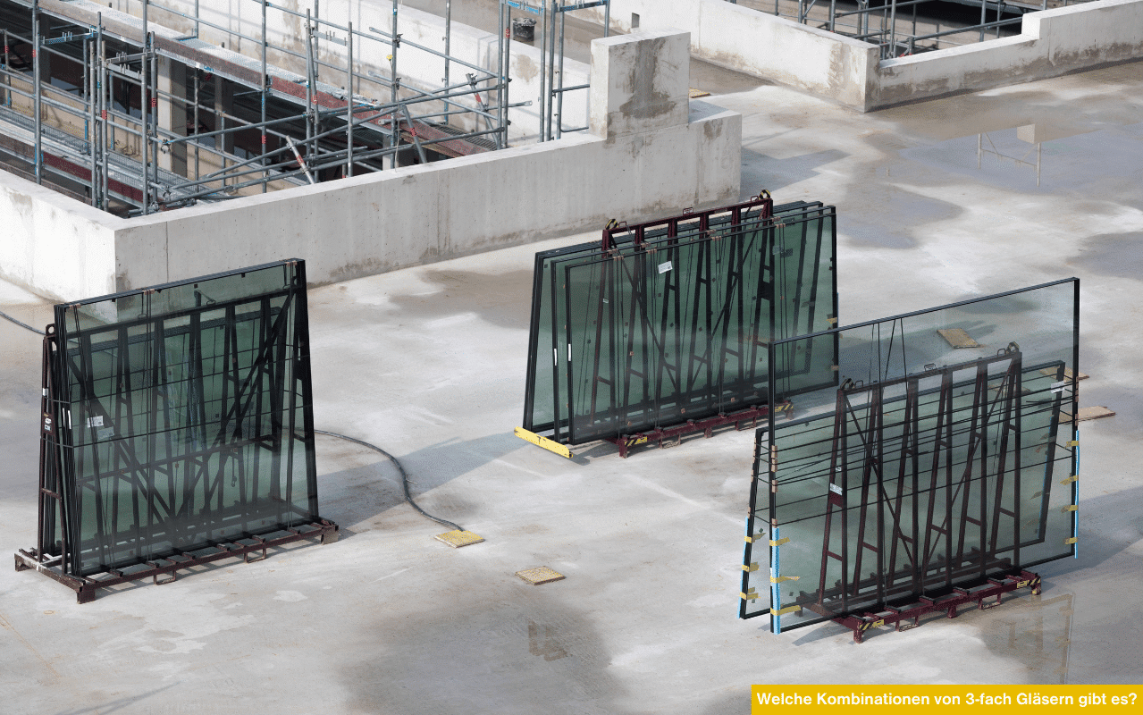 Welche Kombinationen von 3-fach Gläsern gibt es Dreifachverglasung mit verschiedenen Glasstärken und Gasfüllungen auf Baustelle gelagert