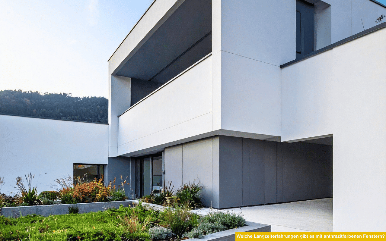 Ein weißes Wohnhaus mit anthrazitfarbenen Fenstern und geradliniger Architektur. Im Vordergrund ist ein bepflanztes Beet zu sehen.