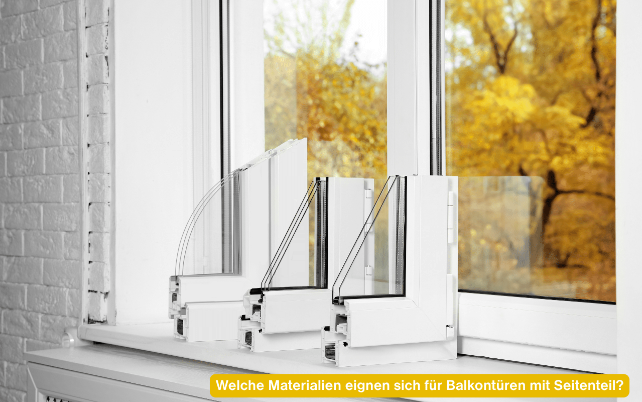Welche Materialien eignen sich für Balkontüren mit Seitenteil? Musterecken von Fensterprofilen auf einer Fensterbank