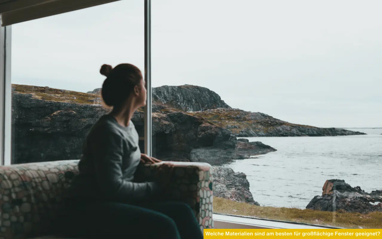 Welche Materialien sind am besten für großflächige Fenster geeignet? Wohnraum mit großer Glasfläche und Blick auf Küste
