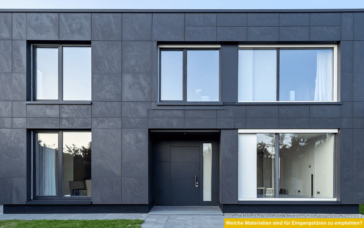 Welche Materialien sind für Eingangstüren zu empfehlen moderne Fassade mit großer Fensterfläche und hochwertiger Haustür