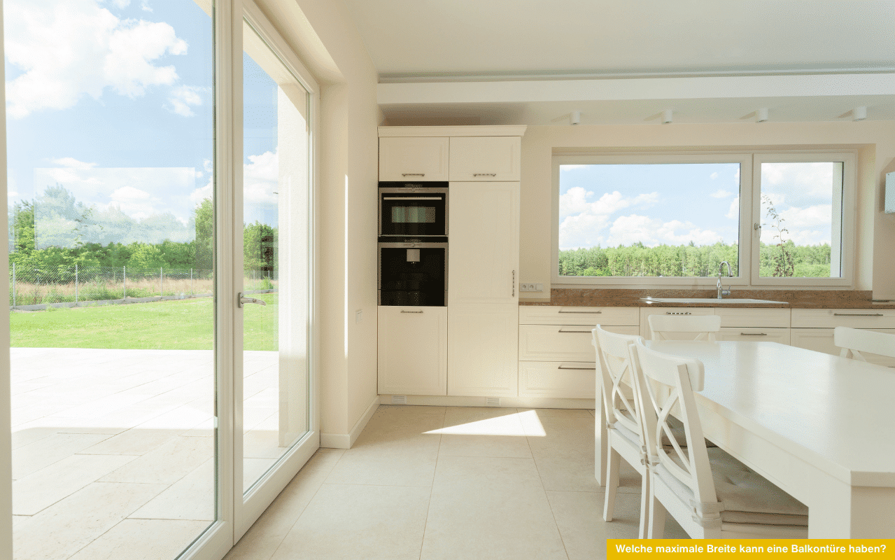 Welche maximale Breite kann eine Balkontüre haben? Moderne, extrabreite Balkontüre mit Blick in den Garten und Wohnraum.