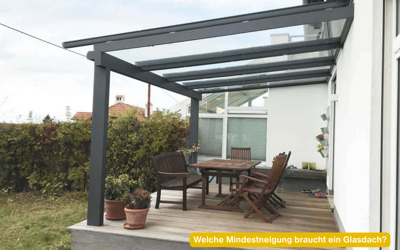 Welche Mindestneigung braucht ein Glasdach? Terrassenüberdachung aus Aluminium mit geneigtem Glasdach