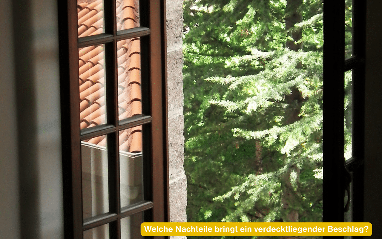 Welche Nachteile bringt ein verdecktliegender Beschlag? Nach innen geöffneter Holzfensterflügel mit Blick in den Garten