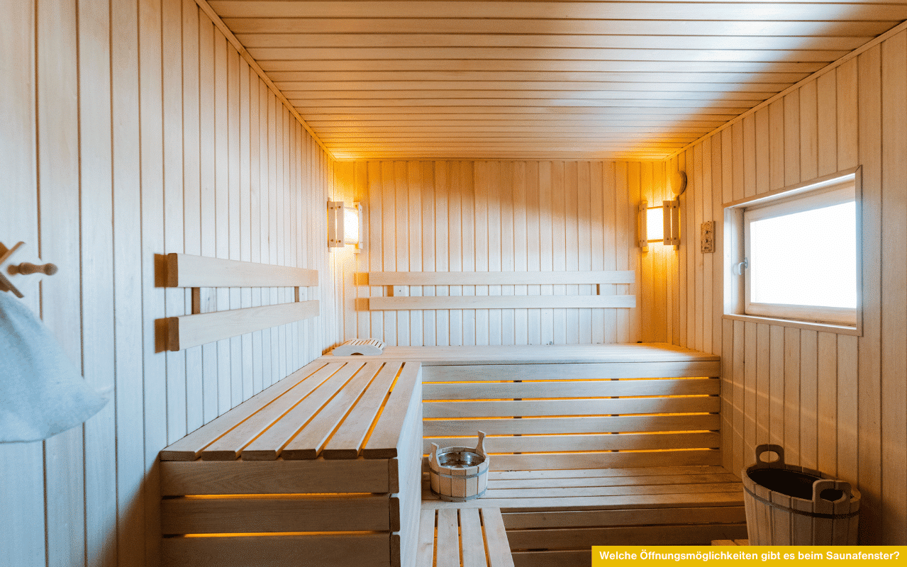 Welche Öffnungsmöglichkeiten gibt es beim Saunafenster? Blick in eine moderne Holzsauna mit kleinem Fenster auf der rechten Seite.