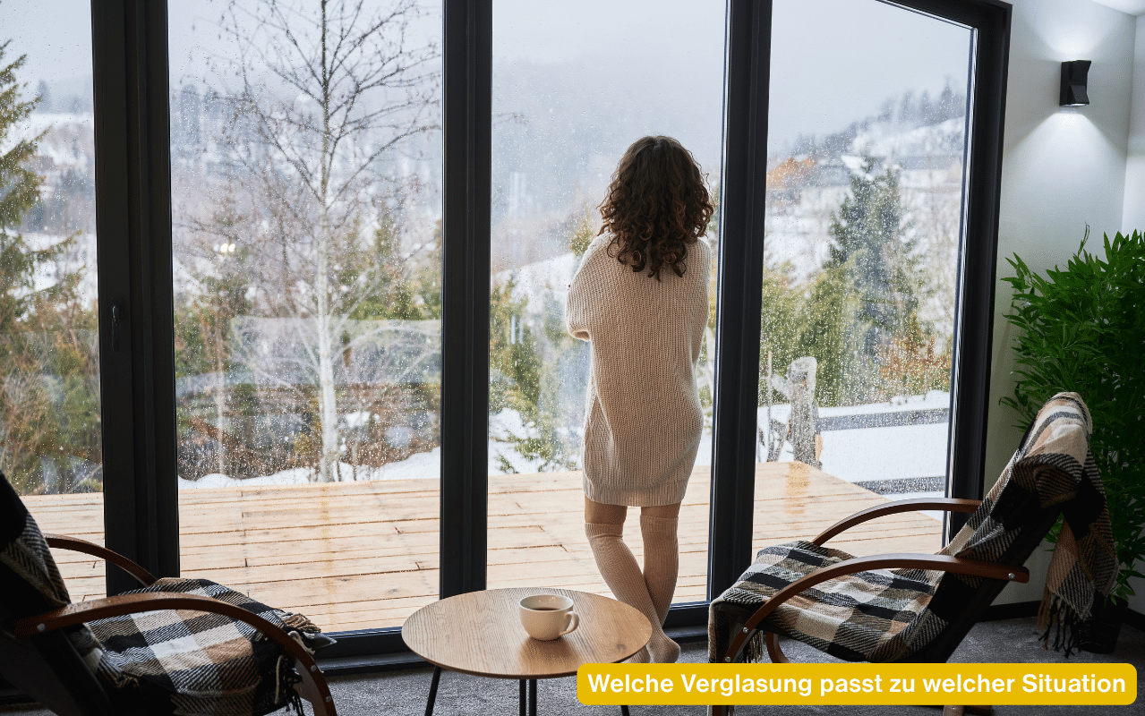 Welche Verglasung passt zu welcher Situation – Frau blickt durch eine raumhohe Glasfront auf eine winterliche Berglandschaft