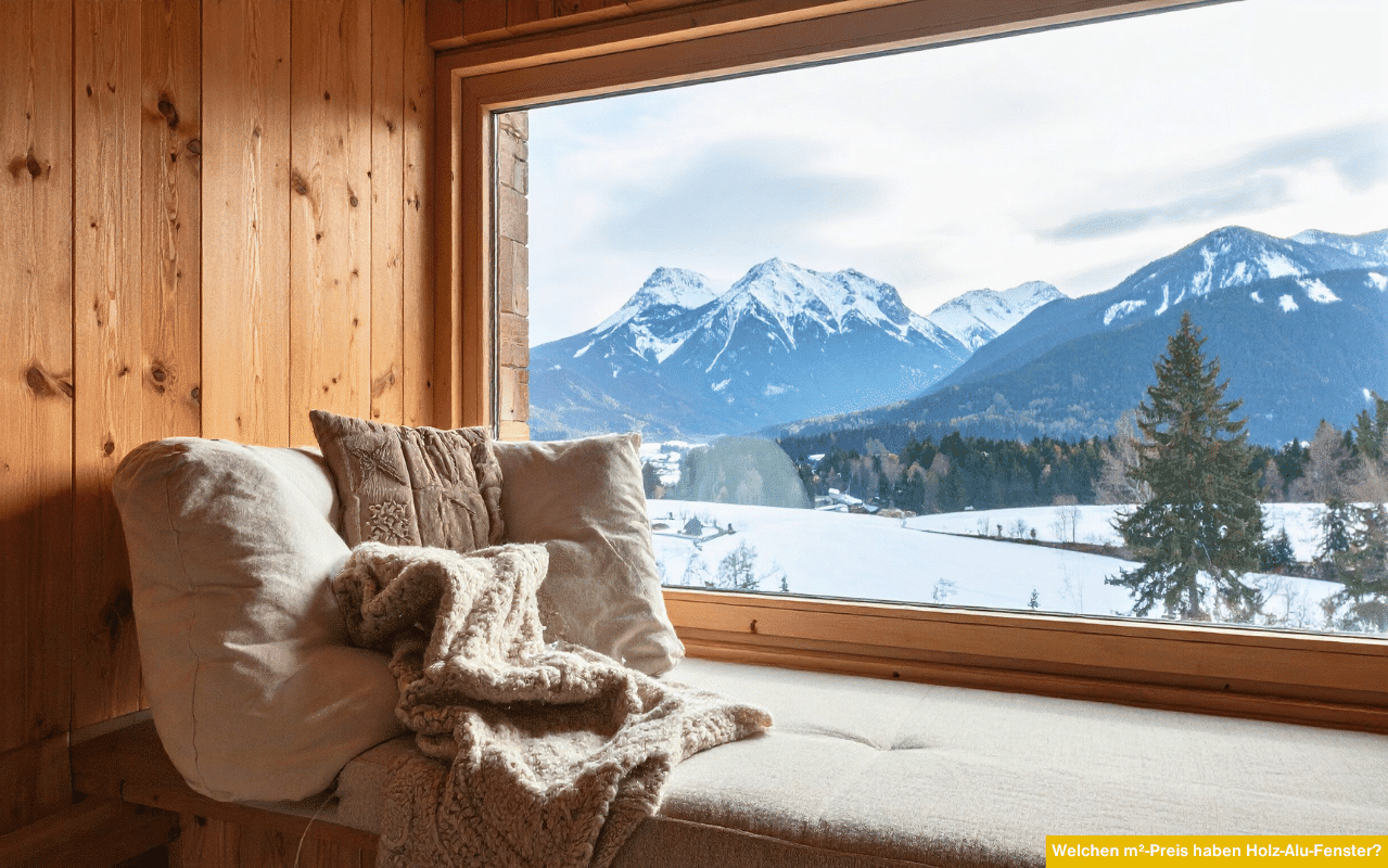 Welchen m²-Preis haben Holz-Alu-Fenster? Blick durch großes Holz-Alufenster auf verschneite Berglandschaft mit gemütlicher Fensterbank.