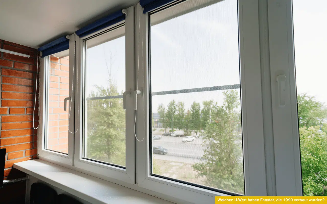 Welchen U-Wert haben Fenster, die 1990 verbaut wurden zeigt ältere Kunststofffenster mit Blick ins Grüne und auf eine Straße.