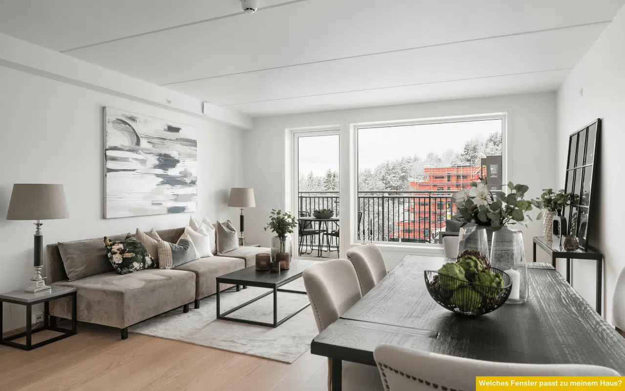 Modern eingerichteter Wohnraum mit breiter Fensterfront und Balkonzugang, das Bild steht für Fensterwahl passend zum Eigenheim.