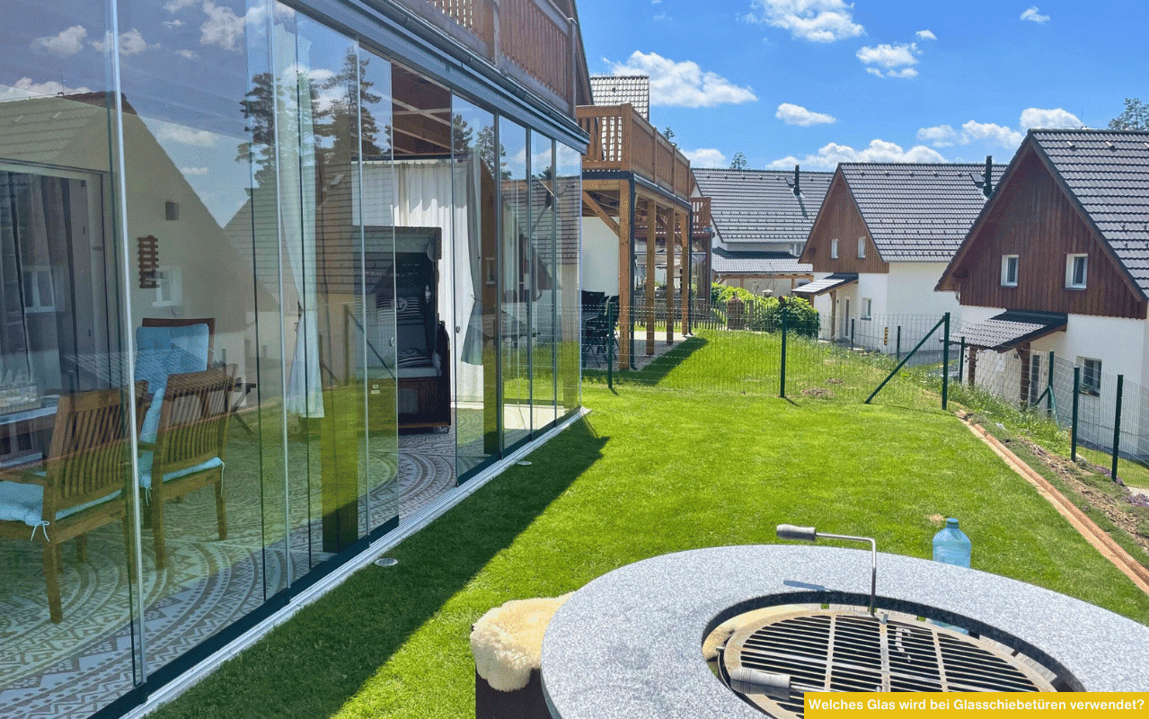 Eine verglaste Terrassenfront mit klaren Glasschiebetüren bietet freien Blick nach außen und schützt zugleich vor Wind und Wetter.