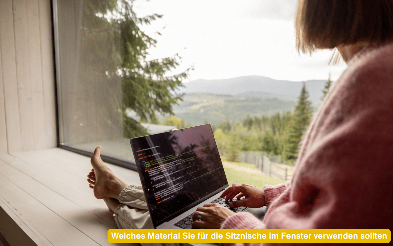 Welches Material Sie für die Sitznische im Fenster verwenden sollten – Person sitzt mit Laptop auf breiter Holzfensterbank