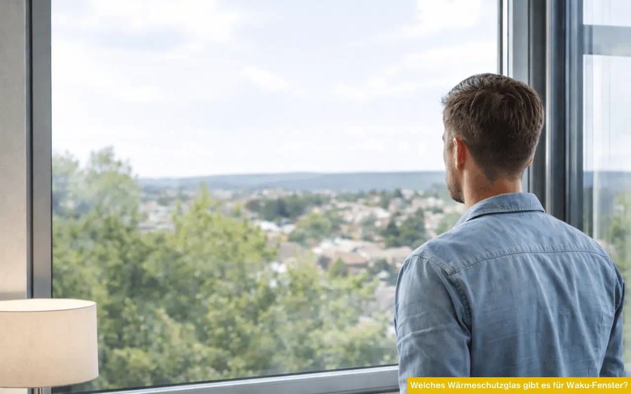 Welches Wärmeschutzglas gibt es für Waku-Fenster? Mann blickt aus großem Fenster auf Landschaft