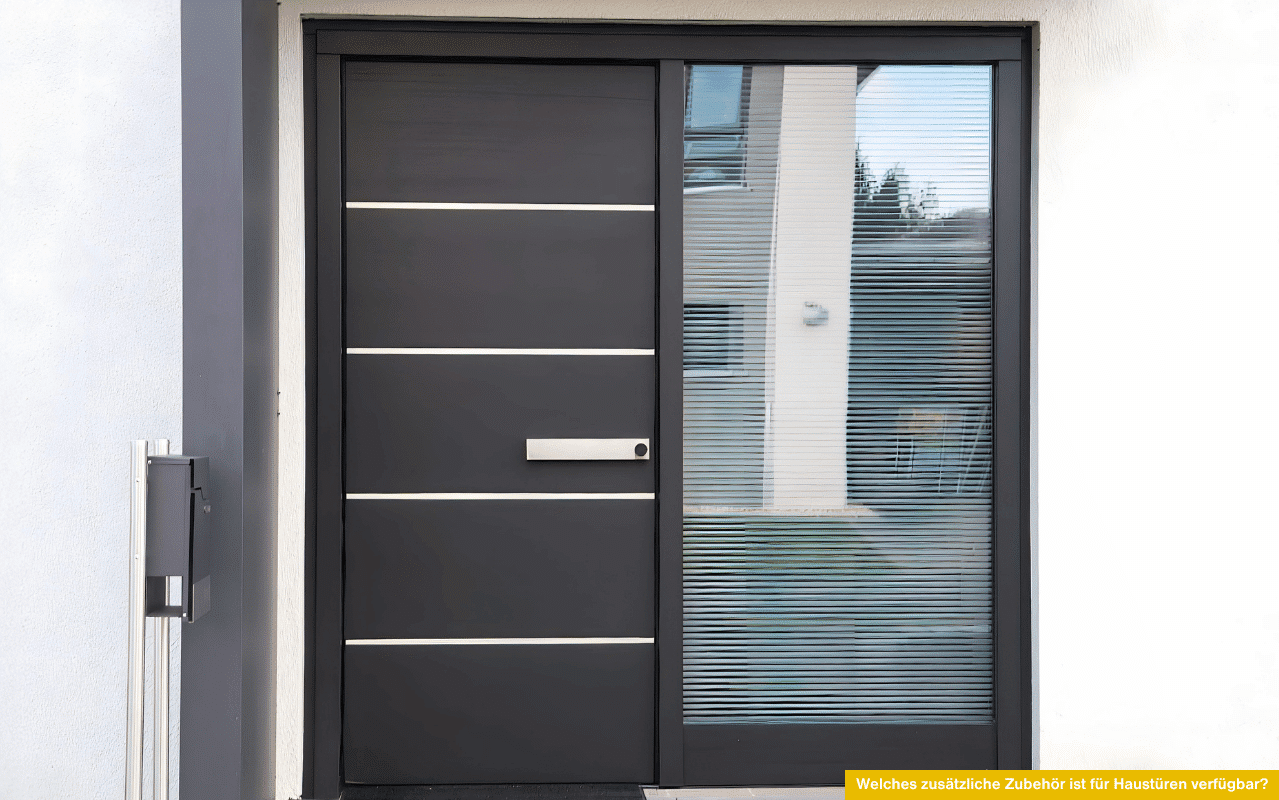 Welches zusätzliche Zubehör ist für Haustüren verfügbar moderne Eingangstür mit Seitenteil und blickdichtem Glas mit Jalousie.