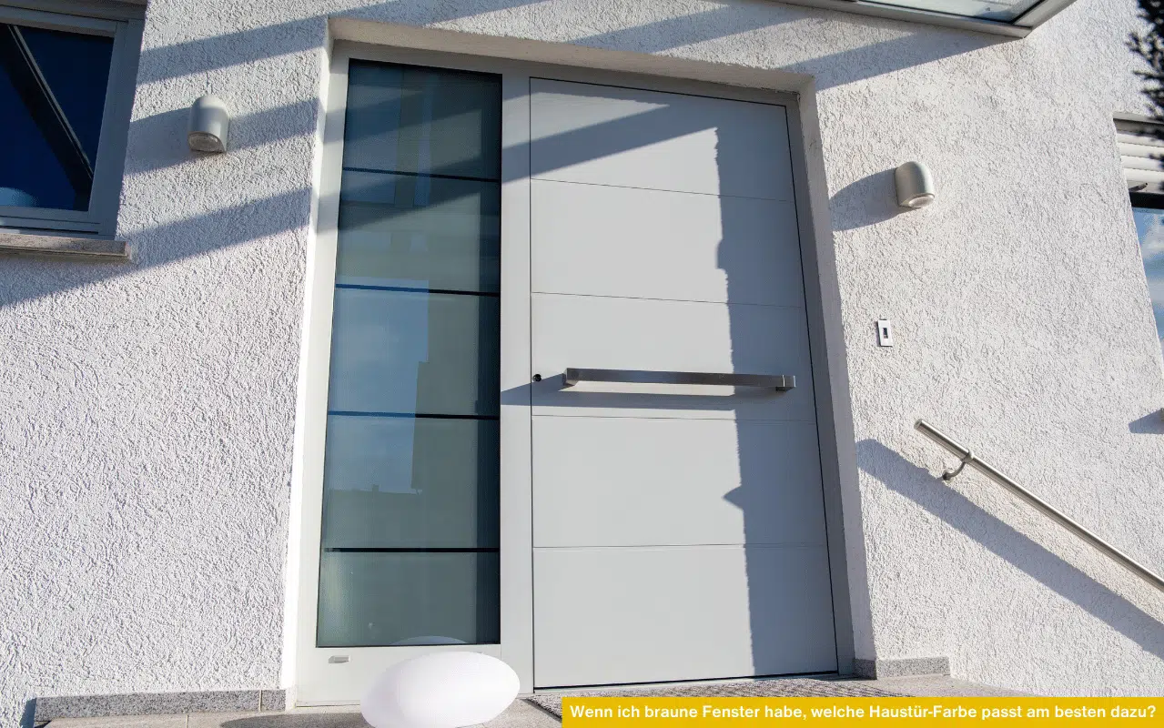 Das Bild zeigt den Eingangsbereich eines modernen Hauses mit grauer Haustür und seitlichem Glaselement. Die helle Putzfassade und Edelstahlgriffe betonen das klare, zeitlose Design.