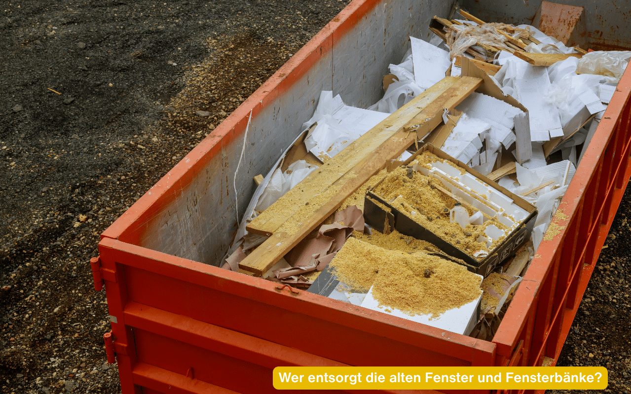 Wer entsorgt die alten Fenster und Fensterbänke? Mulde mit Bauschutt nach einer Sanierung